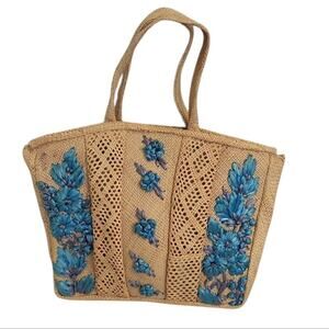 Turquoise Flowers Raffia Straw Handbag Tote Bag